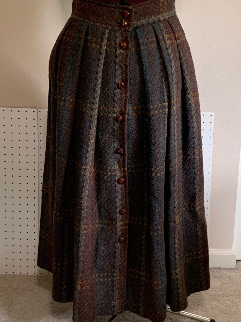 Button-Front Midi Skirt in Brown Plaid